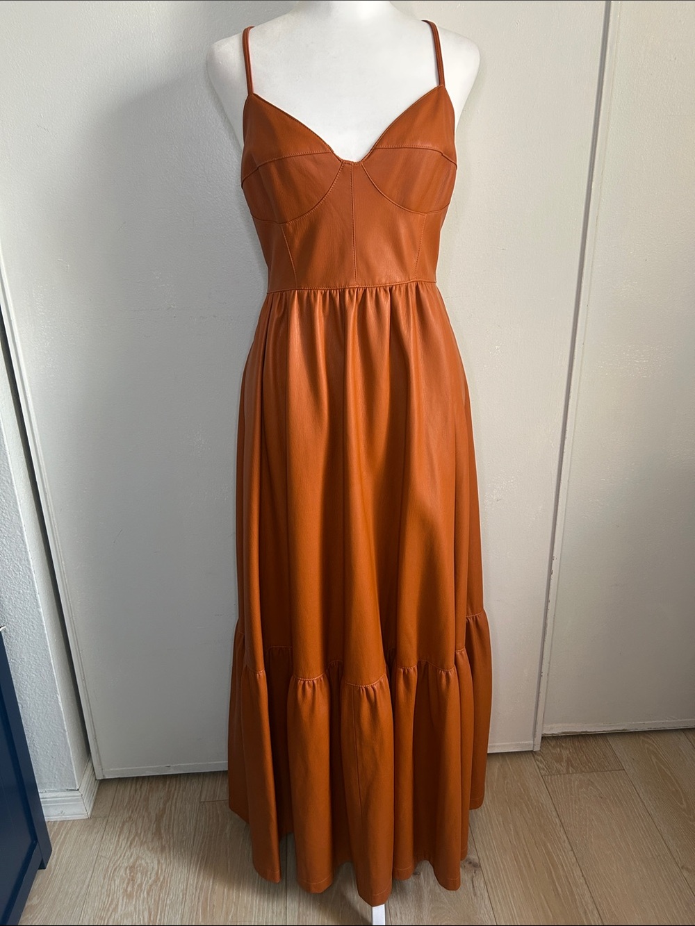 Anthropologie Pilcro Rustic Brown Vegan Leather Structured Strappy Midi Dress